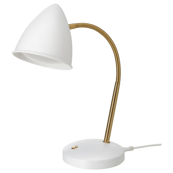 ISNÅLEN bureaulamp - witte kap, gouden hals, retromodern design met flexibele zwanenhals.