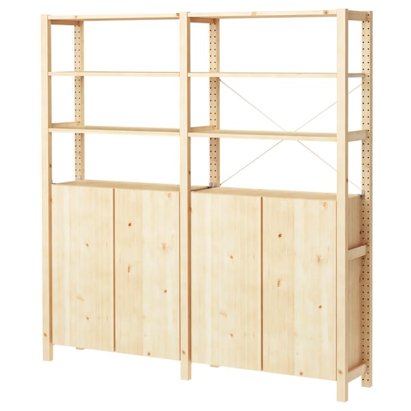 IVAR houten boekenplank, natuurlijke afwerking, rechthoekige vorm, vier hoge poten, verstelbare planken, twee kastdelen, strak ontwerp.