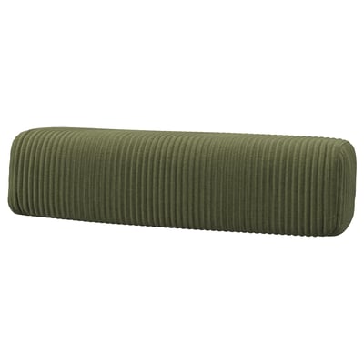 Een groen JÄTTEBO hoofdsteunkussen, rechthoekig van vorm, met een getextureerde corduroy stof. Het is veelzijdig voor verschillende zitopstellingen.