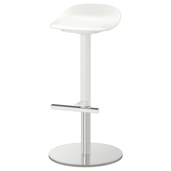 JANINGE witte barkruk: strak design, ronde zitting, verstelbaar, metalen onderstel.