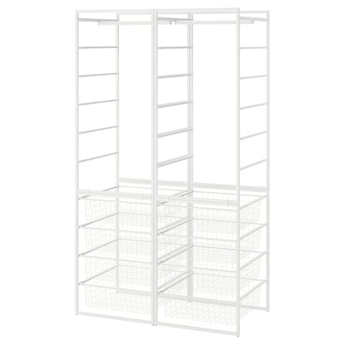 Een wit JONAXEL opbergmeubel met meerdere planken en ophangrails, ideaal voor het organiseren van kleding en accessoires.