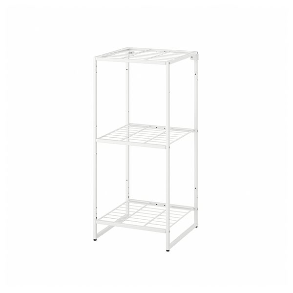 Een witte JOSTEIN metalen opbergplank met drie niveaus. Het rechthoekige met een eenvoudig industrieel ontwerp, perfect voor kleine ruimtes.