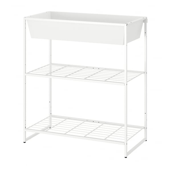 Een JOSTEIN wit metalen opbergmeubel met twee planken, ideaal voor binnen- en buitengebruik.