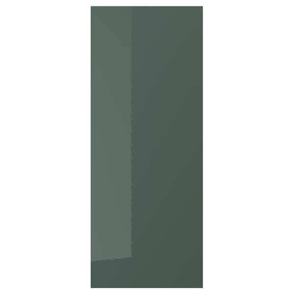 Het KALLARP front heeft een strak, rechthoekig hoogglans grijsgroen design, gemaakt van gerecycled kunststoffolie, en biedt een moderne, duurzame keukenesthetiek.