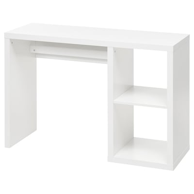 Een wit KALLAX bureau, minimalistisch, rechthoekig, met open opbergvakken.