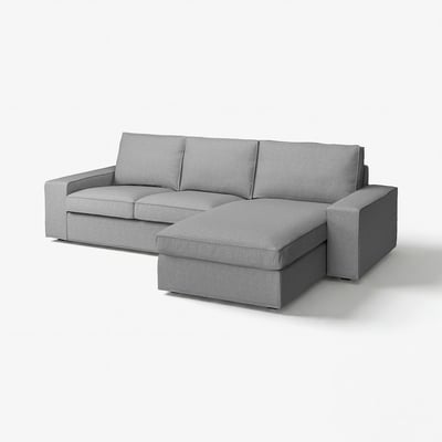 Een moderne KIVIK-bank in grijs met een chaise longue, met een strak ontwerp en comfortabele zitplaatsen.