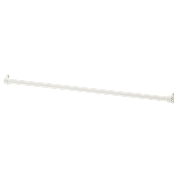 Een witte IKEA KOMPLEMENT kledingroede. Het is strak, lang en gemaakt van staal met een epoxy/polyester poedercoating. Perfect voor het ophangen van kleding.