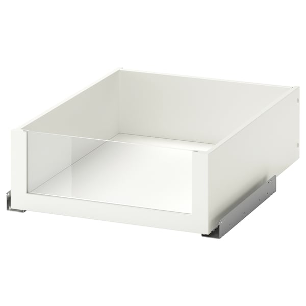 Een witte KOMPLEMENT lade met een glazen front, met een strak modern ontwerp voor gemakkelijke toegang tot de opslag, ondersteund door metalen geleiders.