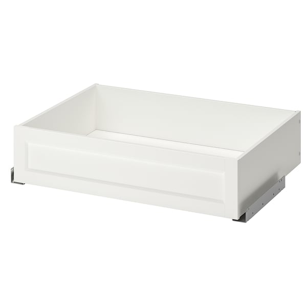 Rechthoekige witte lade met strakke lijnen en geen handgrepen. Perfect voor opslag.