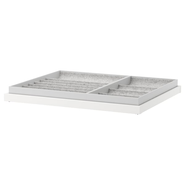 KOMPLEMENT wit uittrekbaar dienblad, 3 vakken, met vilt bekleed, organiseert accessoires in de kledingkast.