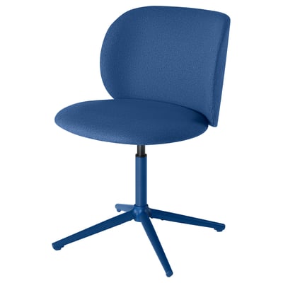 Moderne blauwe bureaustoel met gebogen rugleuning en draaivoet, ideaal om comfortabel op te zitten.