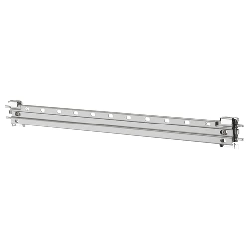 Zilverkleurige metalen rail met haken voor montage, onderdeel van ikeas LÄTTHET opbergoplossing voor buiten.