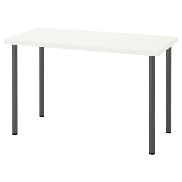 LAGKAPTEN: wit bureau, zwarte poten, rechthoekig, modern, minimalistisch design.