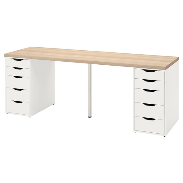 LAGKAPTEN bureau: wit met licht houten blad, 10 lades, metalen poten, voldoende ruimte.