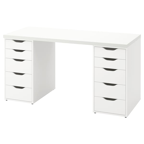 Wit LAGKAPTEN bureau met twee ladeblokken met 5 lades, minimalistisch rechthoekig ontwerp.
