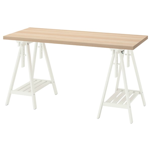 Bedrukt wit bureau met licht houten blad, verstelbare poten, stevig design, ideaal voor thuis of op kantoor.