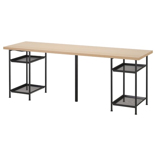 LAGKAPTEN bureau: lang, licht houten blad met zwart metalen frame, 2 verstelbare planken.