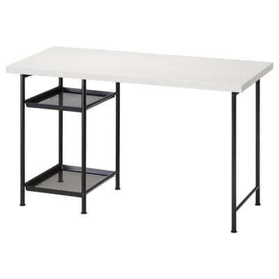 LAGKAPTEN bureau, wit blad, zwart metalen poten, opbergnet.