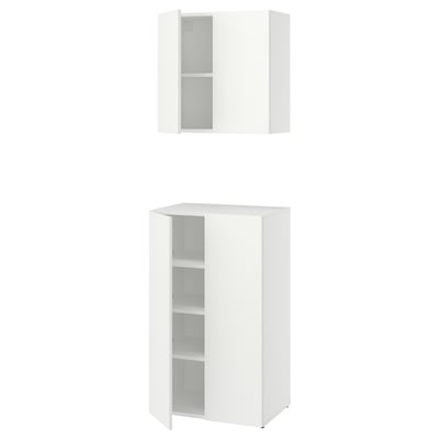 Witte LASTARE opbergset: 1 hoge kast & 1 wandmeubel met deuren, strak ontwerp.