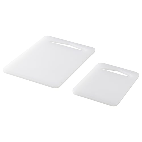 Twee witte rechthoekige kunststof snijplanken, eenvoudig ontwerp.