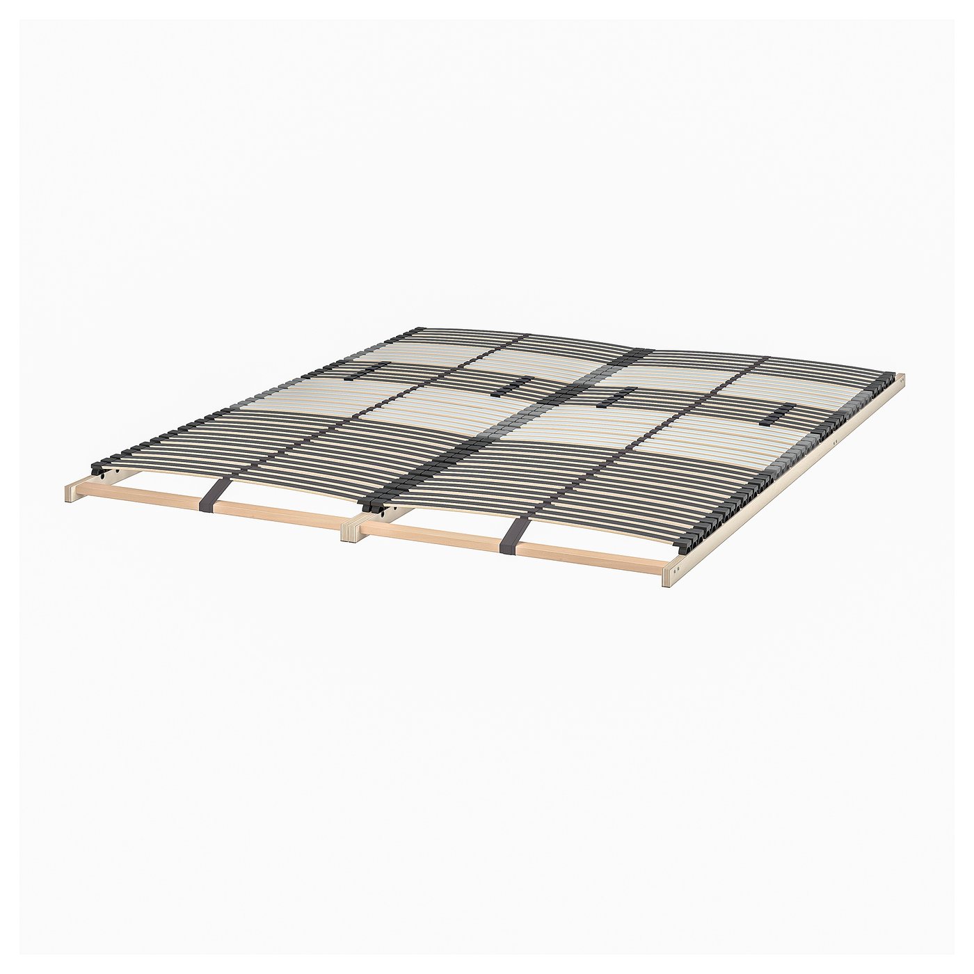 Afbeelding toont LEIRSUND bedbodem met gebogen, verstelbare latten voor comfort en luchtstroom.