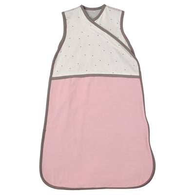 Baby slaapzak, roze & witte stippen, zacht velours met katoenen jersey, mouwloos, ritssluiting aan de voorkant.