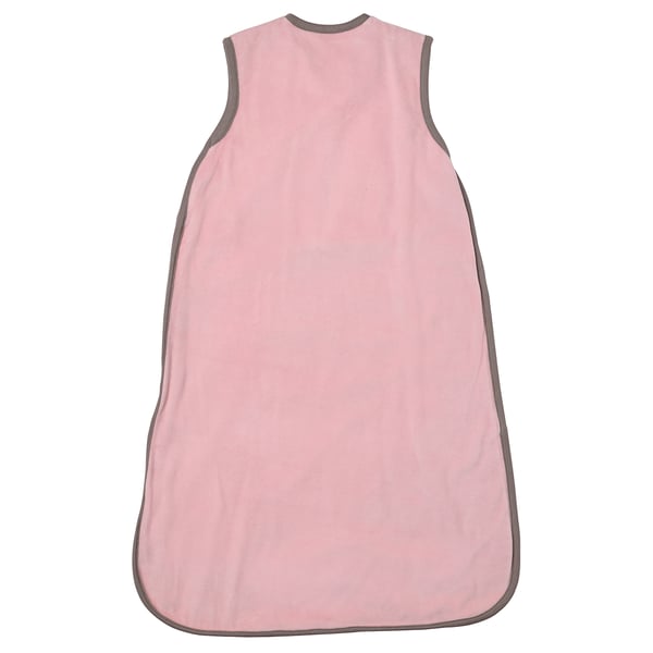Roze baby slaapzakje, zacht, mouwloos met grijze bies.