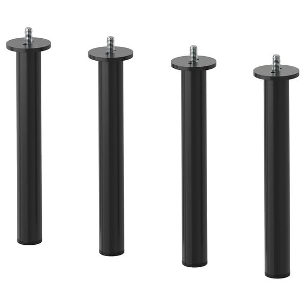 Vier zwarte metalen poten voor meubels. Ze zijn cilindrisch met een platte ronde bovenkant, gemaakt van staal met epoxycoating, geschikt voor modern design.