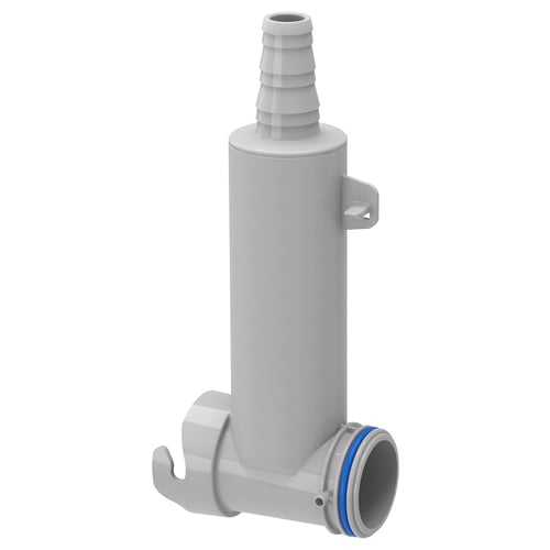 Een LILLVIKEN grijze kunststof condensaatconnector, met een cilindrische behuizing, en twee haken voor montage.