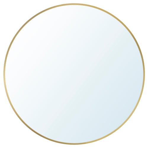 Ronde spiegel met gouden lijst en een strak, elegant design.