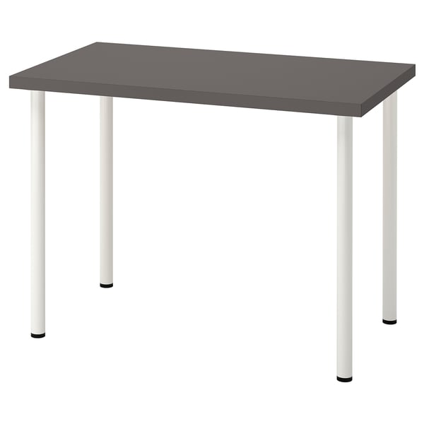 LINNMON: rechthoekig bureau, donkergrijs blad, witte poten, modern minimalistisch design.