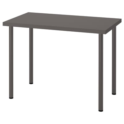 Moderne grijze rechthoekige tafel met metalen poten, ideaal voor minimalistische ruimtes.