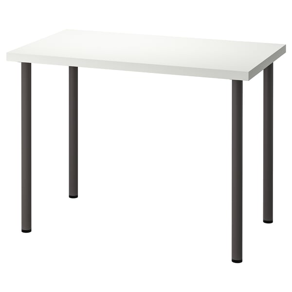 Is van een witte LINNMON tafel met zwarte metalen poten. Het is rechthoekig met een strak ontwerp, geschikt voor verschillende omgevingen zoals kantoren of woningen.