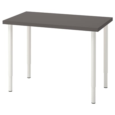 LINNMON bureau, grijs blad witte poten, in hoogte verstelbaar, minimalistisch design.