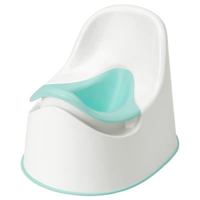 Peutertoilet, witte en turquoise zitting