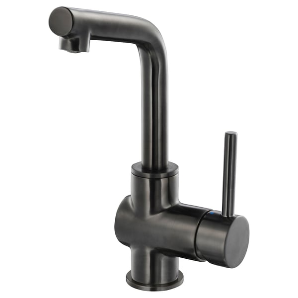 Zwarte LUNDSKÄR kraan, modern design, cilindrische voet, lange gebogen uitloop, metalen afwerking.