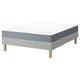 IKEA LYNGÖR grijze bedbasis en blauw matras, rechthoekig.