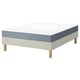 Een IKEA LYNGÖR bedbasis met een wit-blauw vesteröy matras. De basis heeft houten poten en een beige hoes.