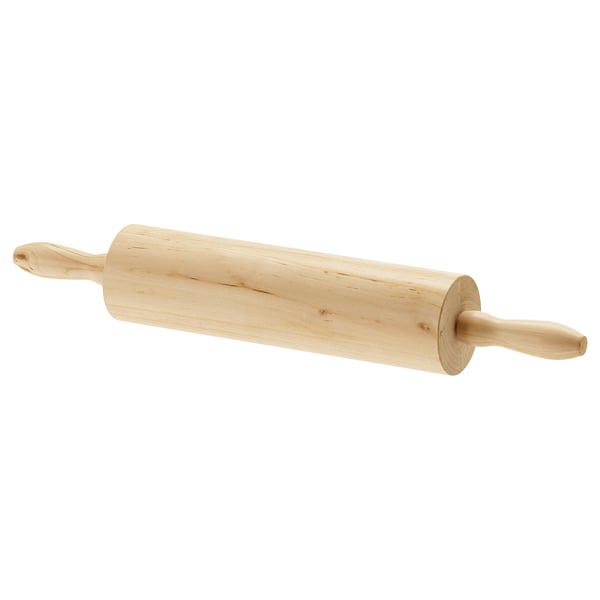 Deegroller. Naam: MAGASIN. Lichtbruin hout. Cilindrisch met gebogen handgrepen. Klassiek bakgereedschap.