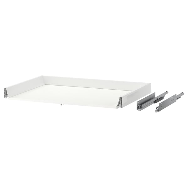Een witte MAXIMERA lade met metalen geleiders. Het heeft een slank, rechthoekig ontwerp en is uitgerust voor een soepele, zelfsluitende functionaliteit.