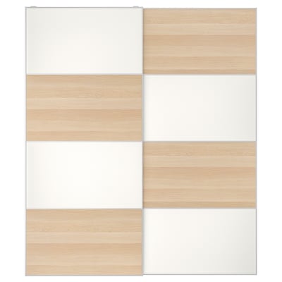 MEHAMN bi-directionele schuifdeur met licht hout en witte panelen.