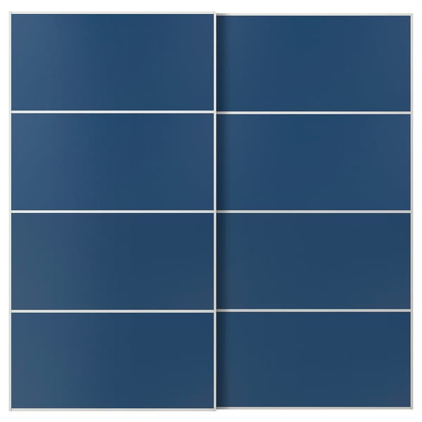 Een vierkant raster van acht blauwe schuifdeurpanelen, bijpassende pax frames, eenvoudig en modern design.