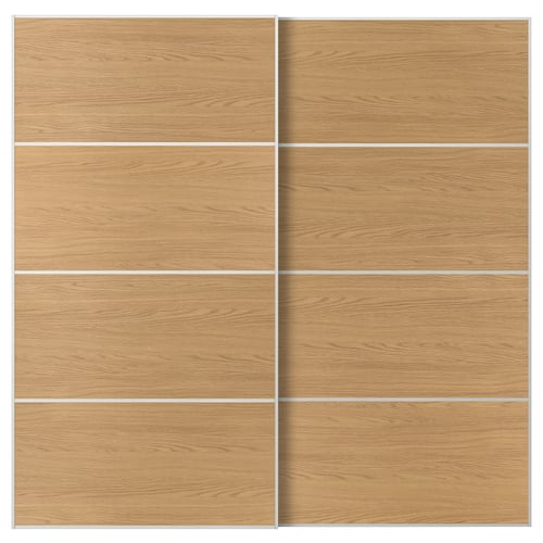 MEHAMN Schuifdeur, set van 2, wit/tweezijdig eikenpatroon, 200x201 cm