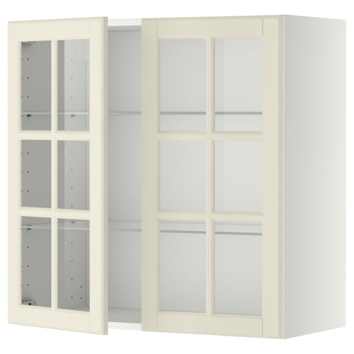 Ikea METOD keukenkast met gebroken witte bodbyn glazen deuren, met afgeschuinde randen en verstelbare glazen planken.