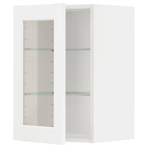 METOD witte keukenkast met glazen legplanken.