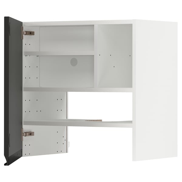 Moderne witte kast met open deur, drie planken, grijze achterkant.