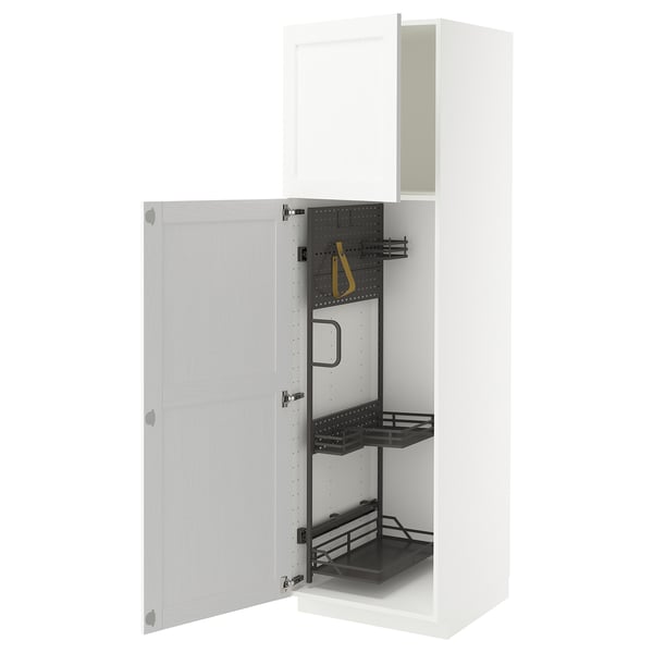 Witte METOD kast, open met verstelbare planken en ophanggereedschap. Modern, functioneel design voor keuken of wasruimte.
