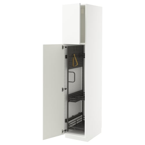 Witte METOD kast met glanzende voorkant, open om planken en organizers te tonen.