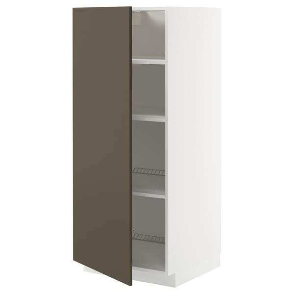 METOD keukenkast, hoog wit met donkerbruine deur, verstelbare planken, minimalistisch design.