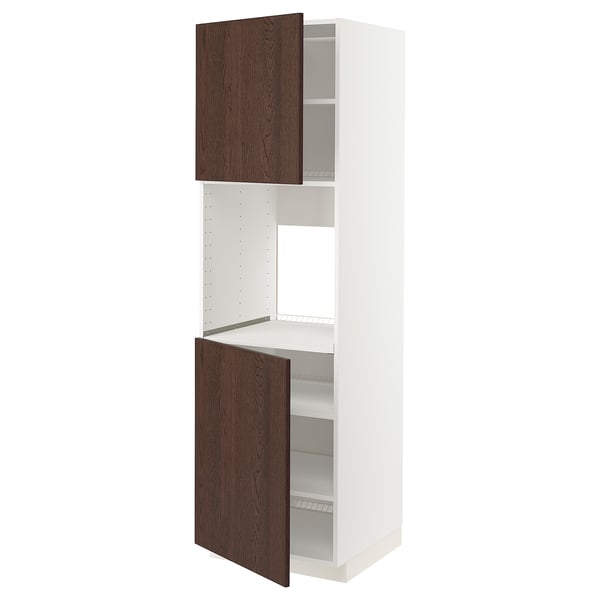 Witte METOD keukenkast met donkerbruine sinarp houten deuren, verstelbare planken.